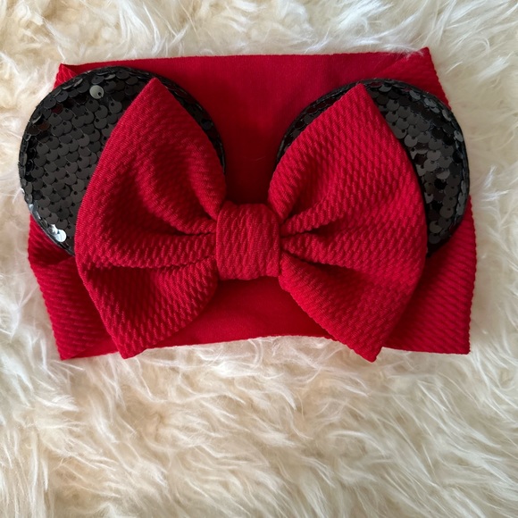 Disney Mickey Mouse Sequin Ears Red waffle wide Headband bow NWOT! - Picture 3 of 4